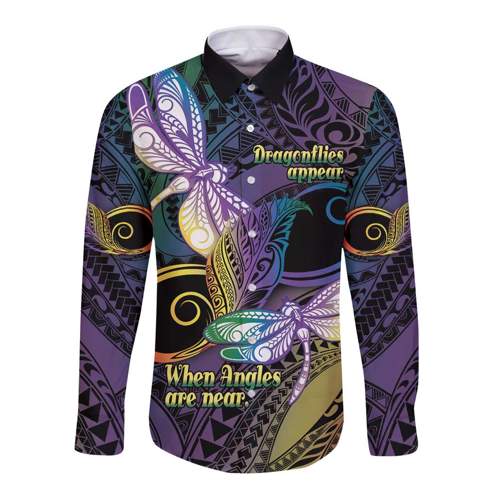 Personalized Polynesian Memorial Long Sleeve Button Shirt Dragonflies Appear When Angels Are Near