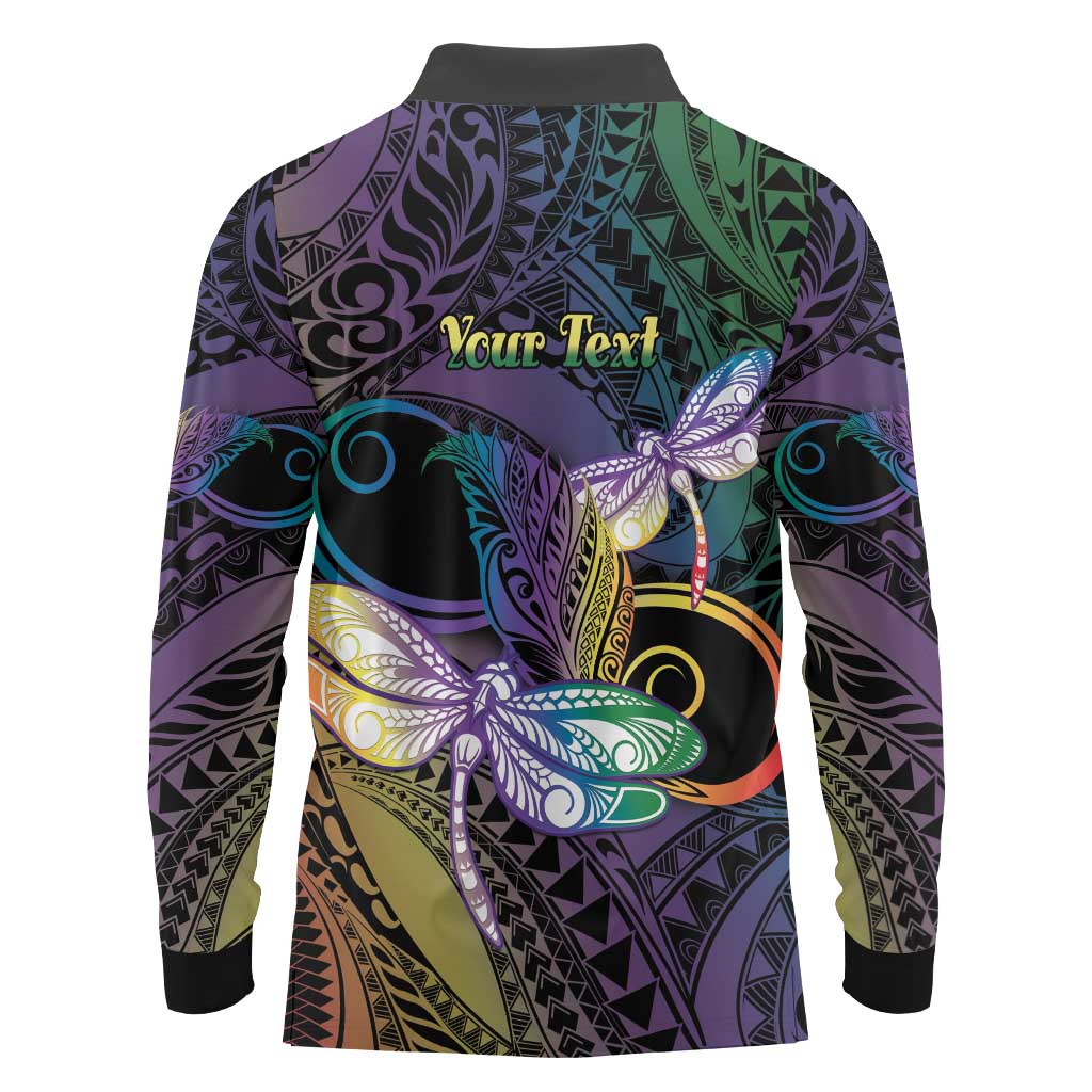 Personalized Polynesian Memorial Long Sleeve Polo Shirt Dragonflies Appear When Angels Are Near