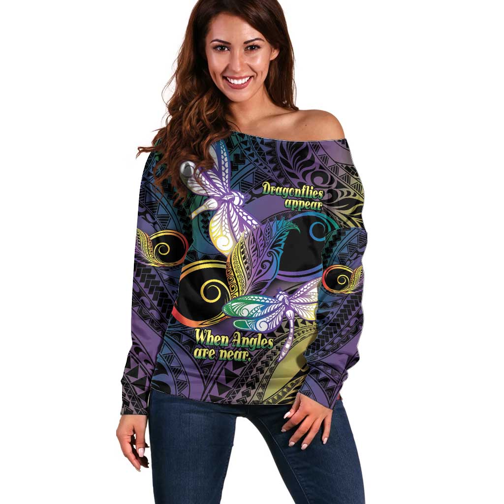 Personalized Polynesian Memorial Off Shoulder Sweater Dragonflies Appear When Angels Are Near