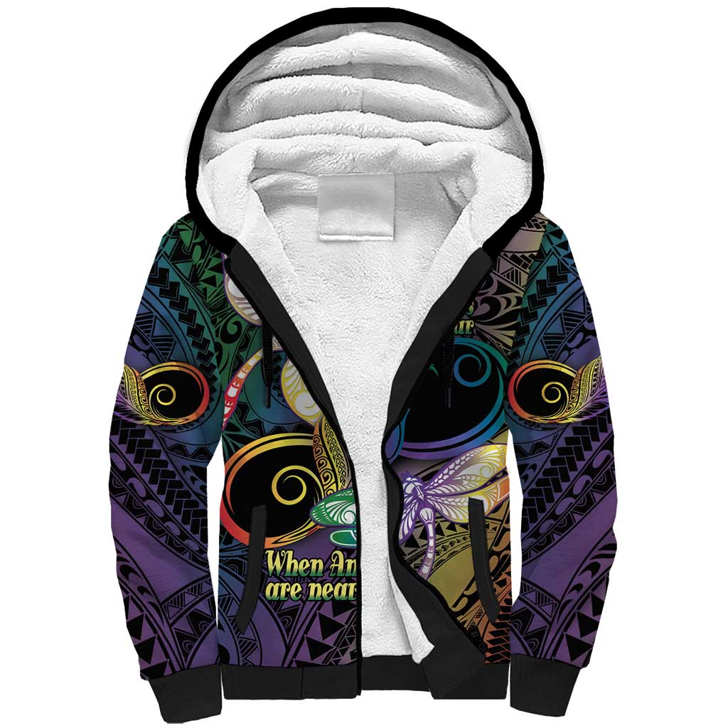 Personalized Polynesian Memorial Sherpa Hoodie Dragonflies Appear When Angels Are Near