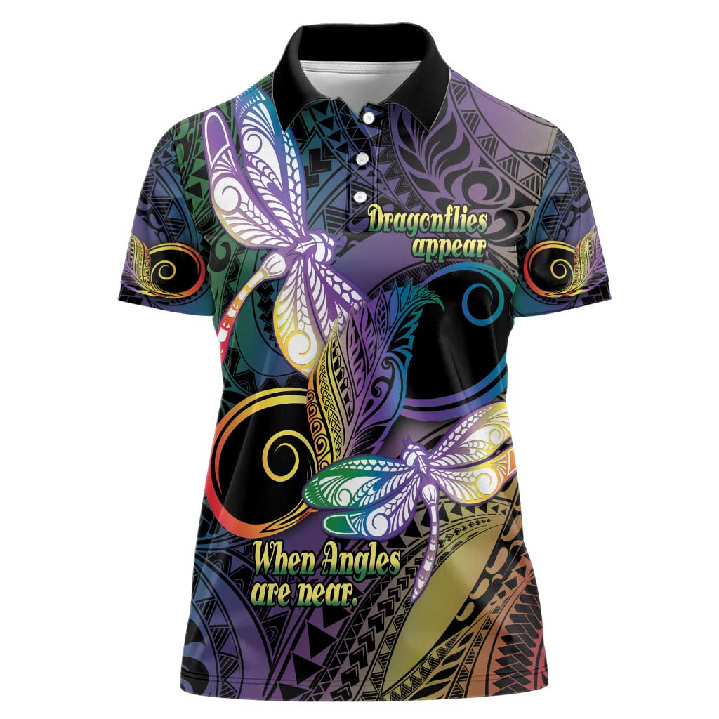 Personalized Polynesian Memorial Women Polo Shirt Dragonflies Appear When Angels Are Near