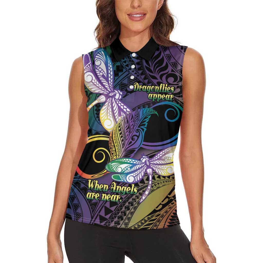Personalized Polynesian Memorial Women Sleeveless Polo Shirt Dragonflies Appear When Angels Are Near