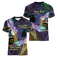 Personalized Polynesian Memorial Women V-Neck T-Shirt Dragonflies Appear When Angels Are Near