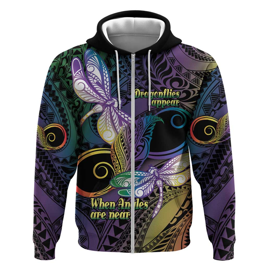 Personalized Polynesian Memorial Zip Hoodie Dragonflies Appear When Angels Are Near