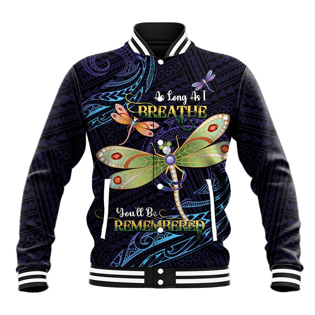 As Long As I Breathe You'll Be Remembered Baseball Jacket Dragonflies Memorial - Polynesian Pattern LT14 Unisex Black - Polynesian Pride