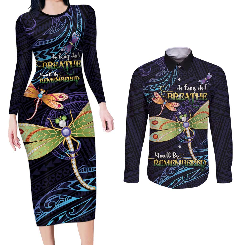 As Long As I Breathe You'll Be Remembered Couples Matching Long Sleeve Bodycon Dress and Long Sleeve Button Shirt Dragonflies Memorial - Polynesian Pattern LT14 Black - Polynesian Pride
