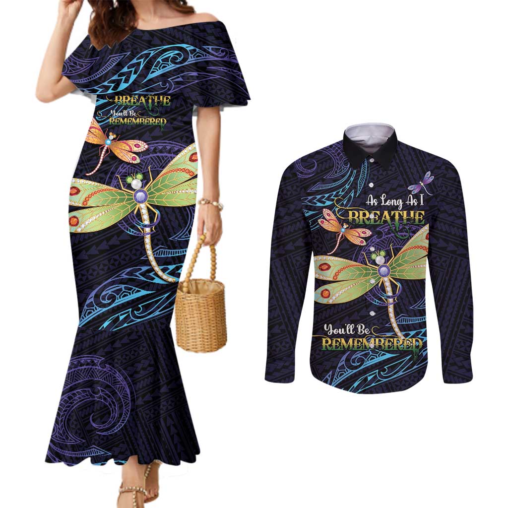 As Long As I Breathe You'll Be Remembered Couples Matching Mermaid Dress and Long Sleeve Button Shirt Dragonflies Memorial - Polynesian Pattern LT14 Black - Polynesian Pride