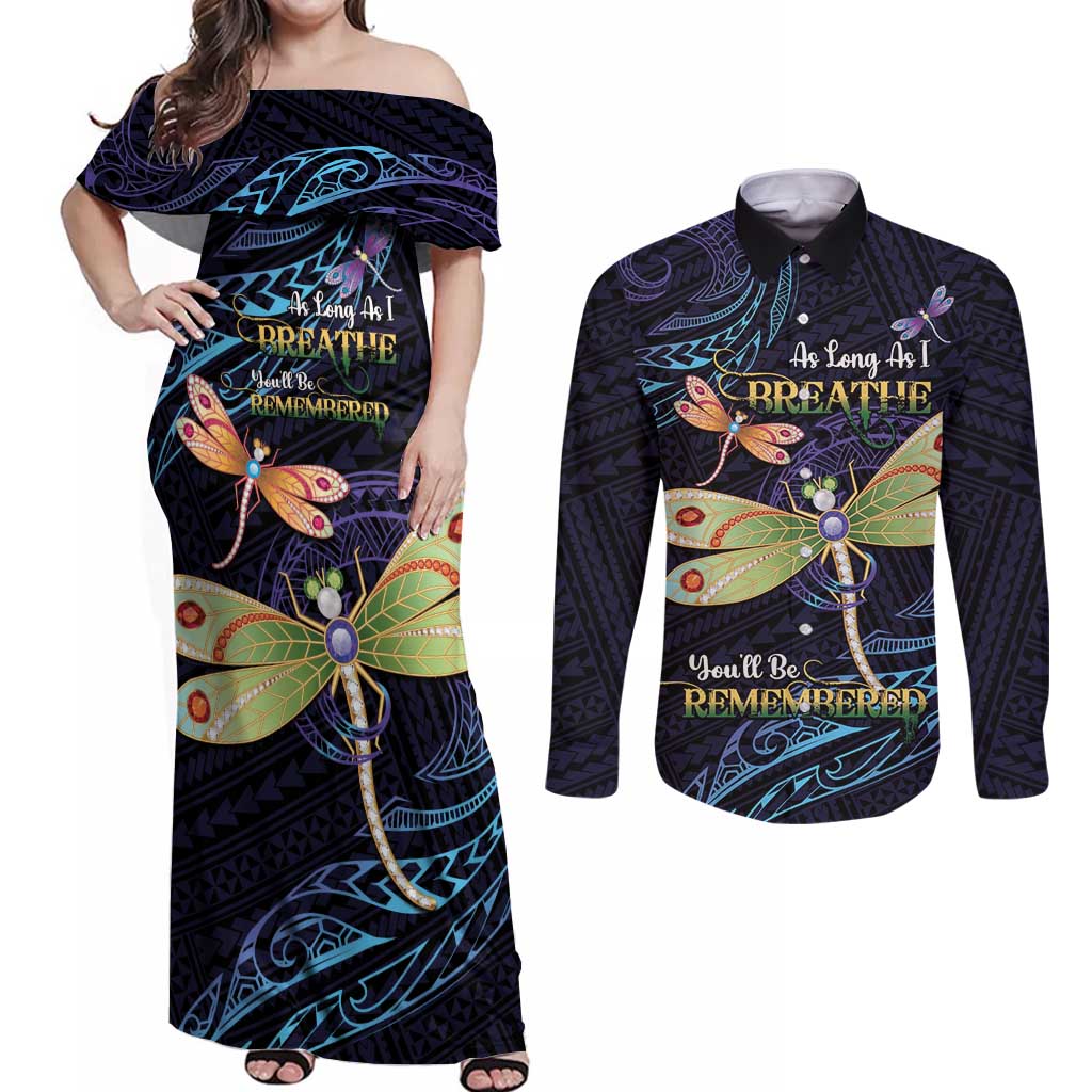 As Long As I Breathe You'll Be Remembered Couples Matching Off Shoulder Maxi Dress and Long Sleeve Button Shirt Dragonflies Memorial - Polynesian Pattern LT14 Black - Polynesian Pride