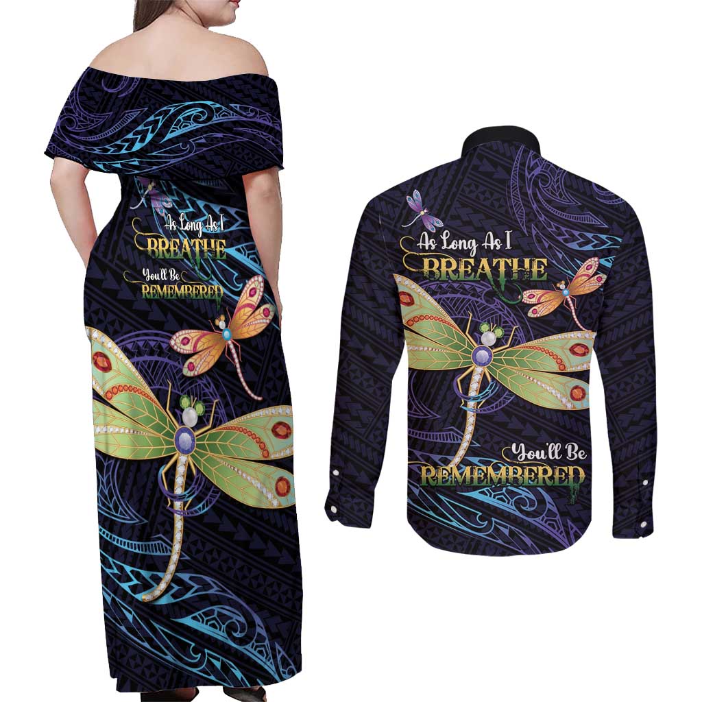 As Long As I Breathe You'll Be Remembered Couples Matching Off Shoulder Maxi Dress and Long Sleeve Button Shirt Dragonflies Memorial - Polynesian Pattern LT14 - Polynesian Pride