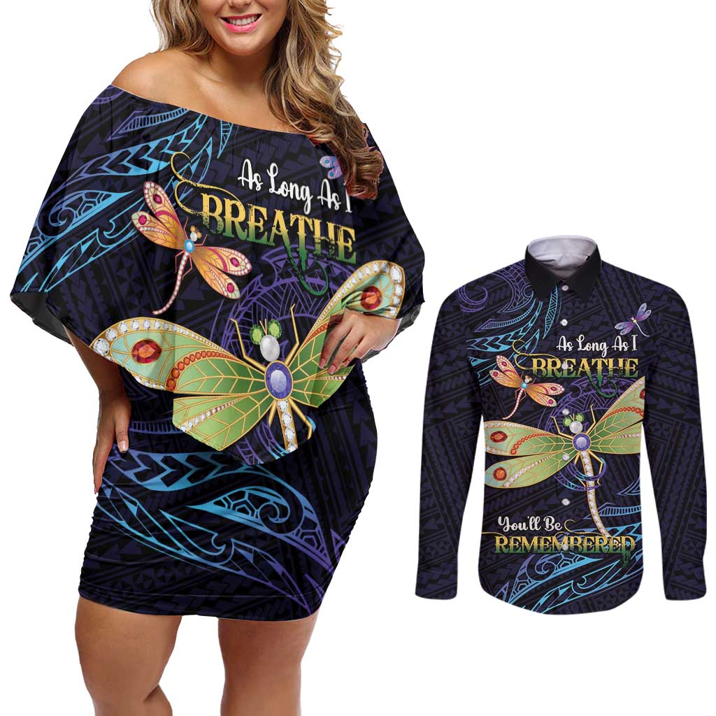 As Long As I Breathe You'll Be Remembered Couples Matching Off Shoulder Short Dress and Long Sleeve Button Shirt Dragonflies Memorial - Polynesian Pattern LT14 Black - Polynesian Pride