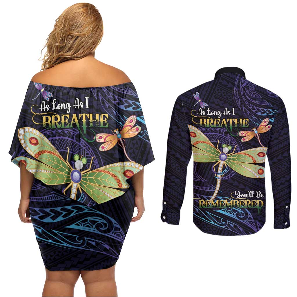 As Long As I Breathe You'll Be Remembered Couples Matching Off Shoulder Short Dress and Long Sleeve Button Shirt Dragonflies Memorial - Polynesian Pattern LT14 - Polynesian Pride