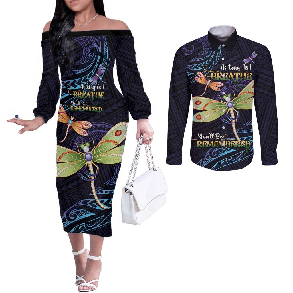 As Long As I Breathe You'll Be Remembered Couples Matching Off The Shoulder Long Sleeve Dress and Long Sleeve Button Shirt Dragonflies Memorial - Polynesian Pattern LT14 Black - Polynesian Pride