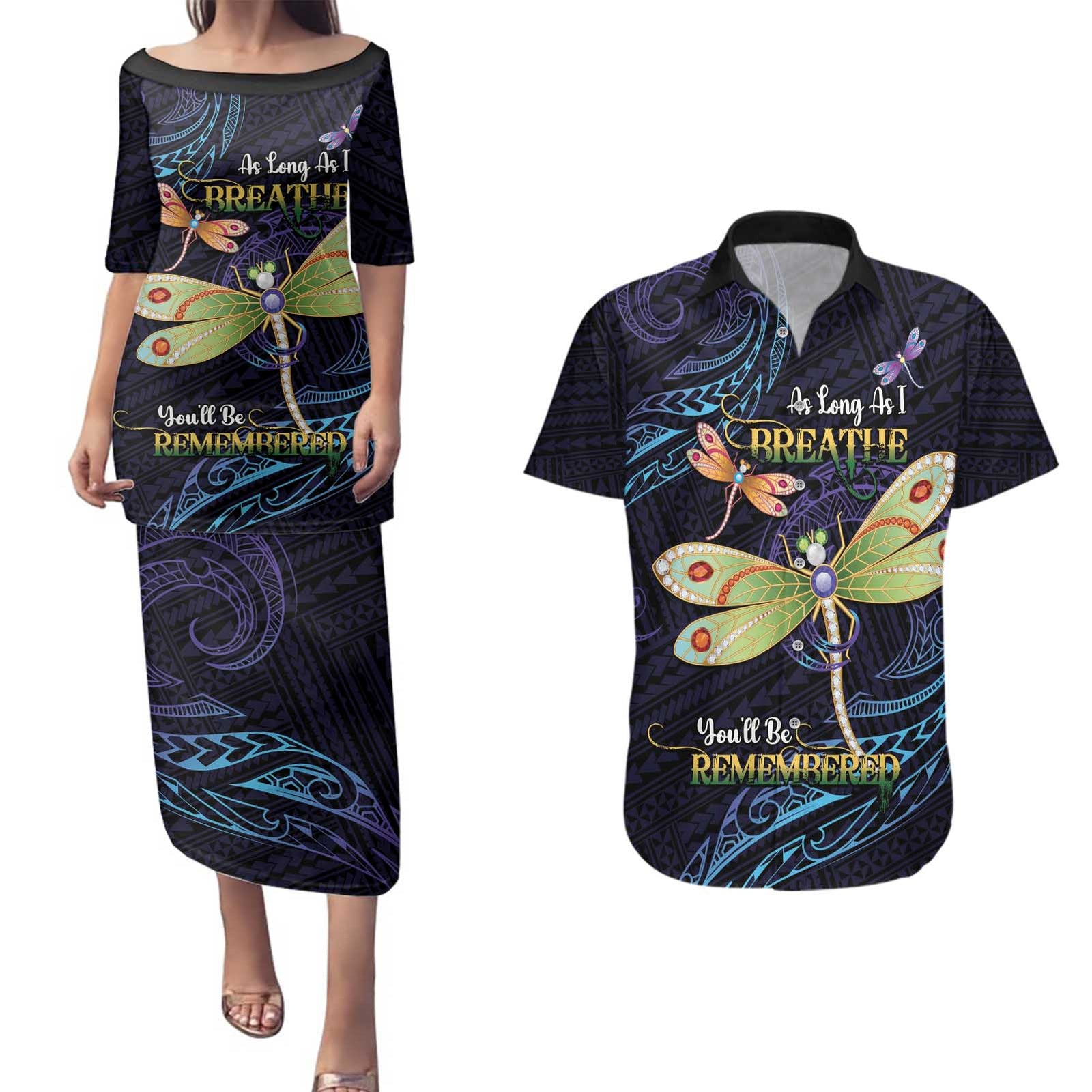 As Long As I Breathe You'll Be Remembered Couples Matching Puletasi and Hawaiian Shirt Dragonflies Memorial - Polynesian Pattern LT14 Black - Polynesian Pride