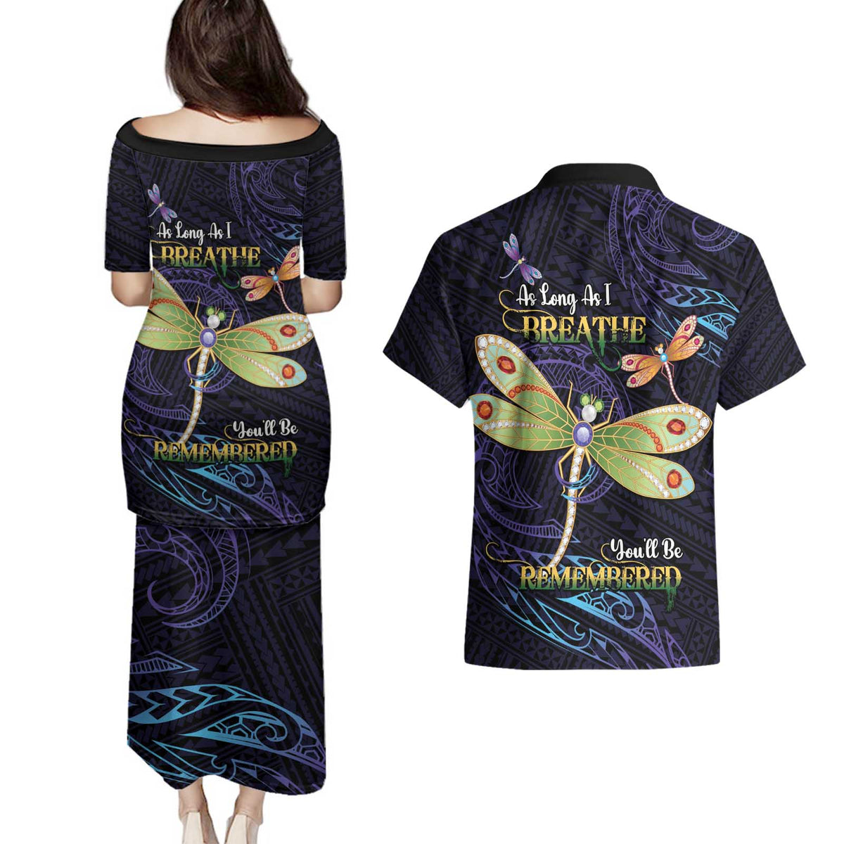 As Long As I Breathe You'll Be Remembered Couples Matching Puletasi and Hawaiian Shirt Dragonflies Memorial - Polynesian Pattern LT14 - Polynesian Pride
