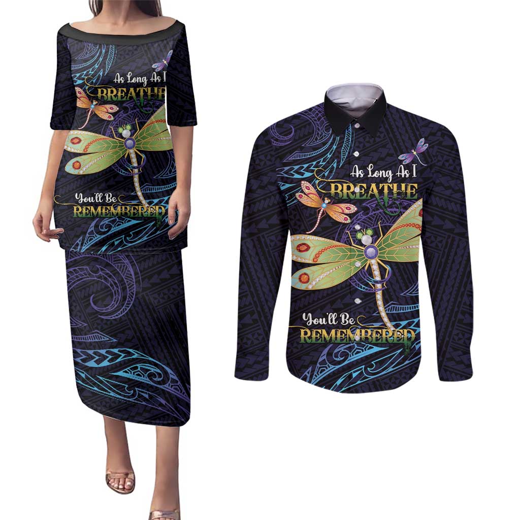 As Long As I Breathe You'll Be Remembered Couples Matching Puletasi and Long Sleeve Button Shirt Dragonflies Memorial - Polynesian Pattern LT14 Black - Polynesian Pride