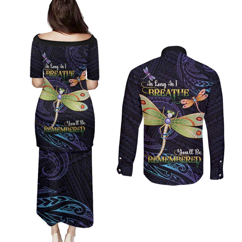 As Long As I Breathe You'll Be Remembered Couples Matching Puletasi and Long Sleeve Button Shirt Dragonflies Memorial - Polynesian Pattern LT14 - Polynesian Pride