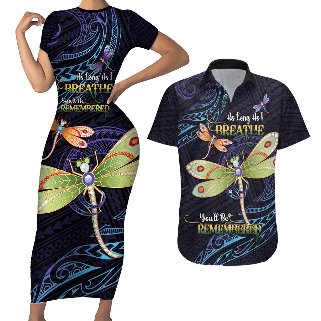 As Long As I Breathe You'll Be Remembered Couples Matching Short Sleeve Bodycon Dress and Hawaiian Shirt Dragonflies Memorial - Polynesian Pattern