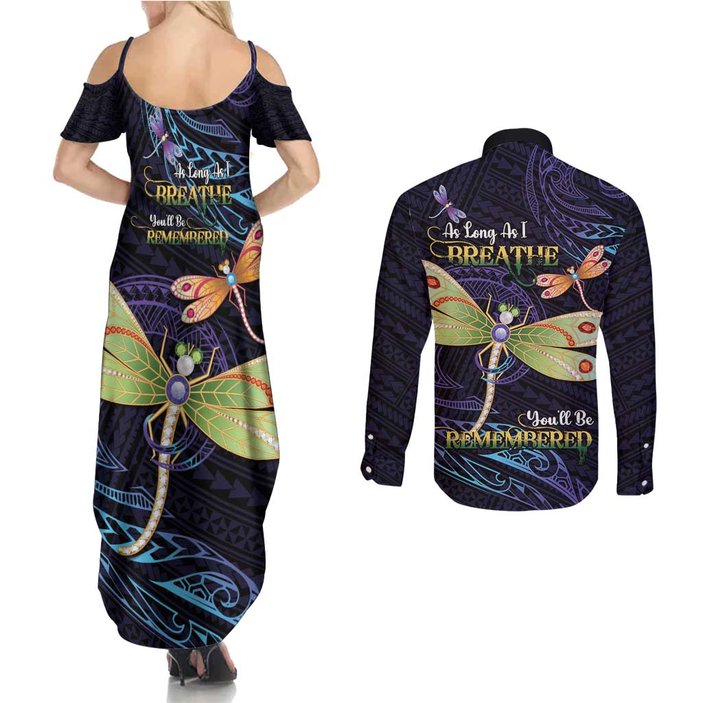 As Long As I Breathe You'll Be Remembered Couples Matching Summer Maxi Dress and Long Sleeve Button Shirt Dragonflies Memorial - Polynesian Pattern LT14 - Polynesian Pride