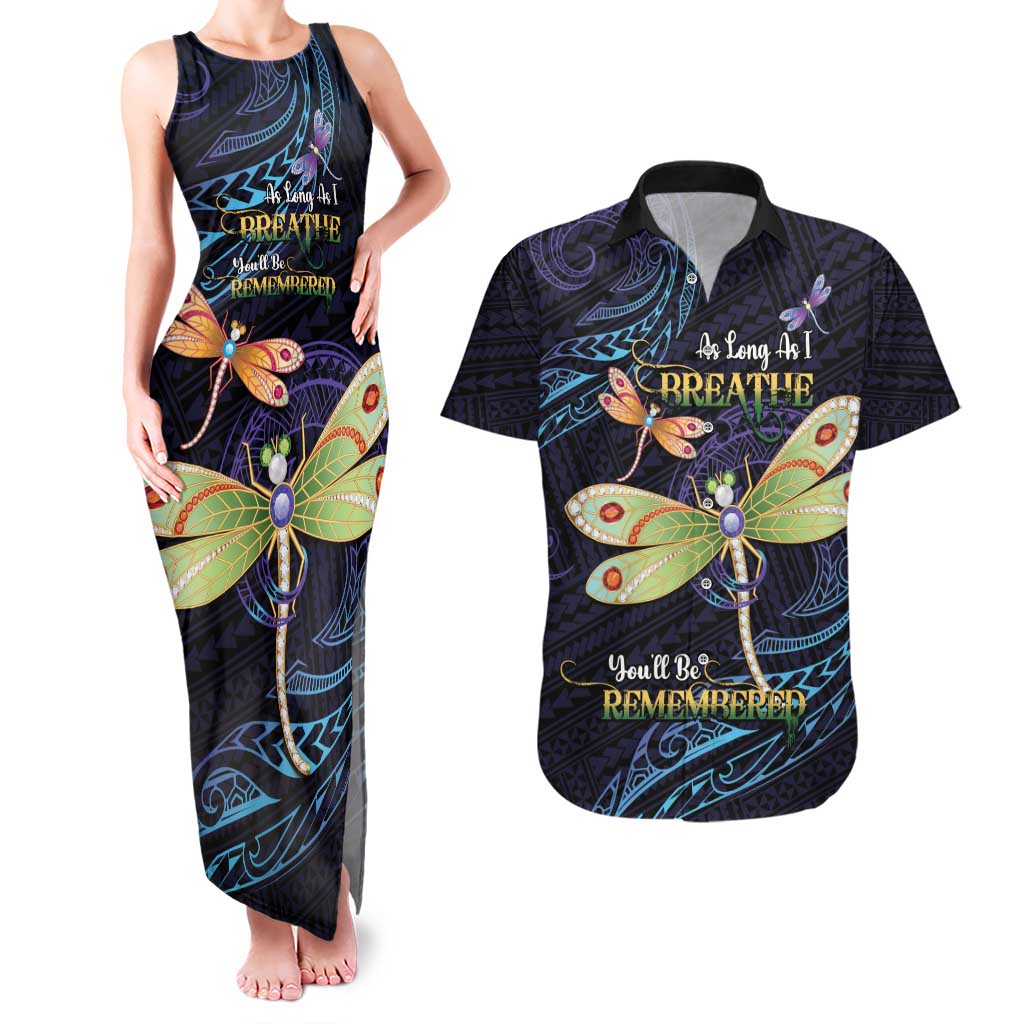 As Long As I Breathe You'll Be Remembered Couples Matching Tank Maxi Dress and Hawaiian Shirt Dragonflies Memorial - Polynesian Pattern LT14 Black - Polynesian Pride