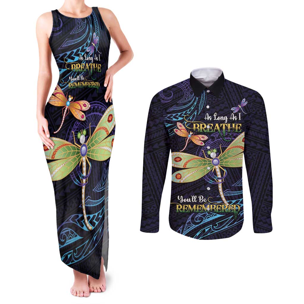 As Long As I Breathe You'll Be Remembered Couples Matching Tank Maxi Dress and Long Sleeve Button Shirt Dragonflies Memorial - Polynesian Pattern LT14 Black - Polynesian Pride