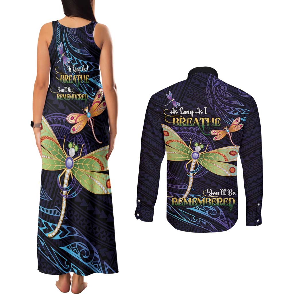 As Long As I Breathe You'll Be Remembered Couples Matching Tank Maxi Dress and Long Sleeve Button Shirt Dragonflies Memorial - Polynesian Pattern LT14 - Polynesian Pride