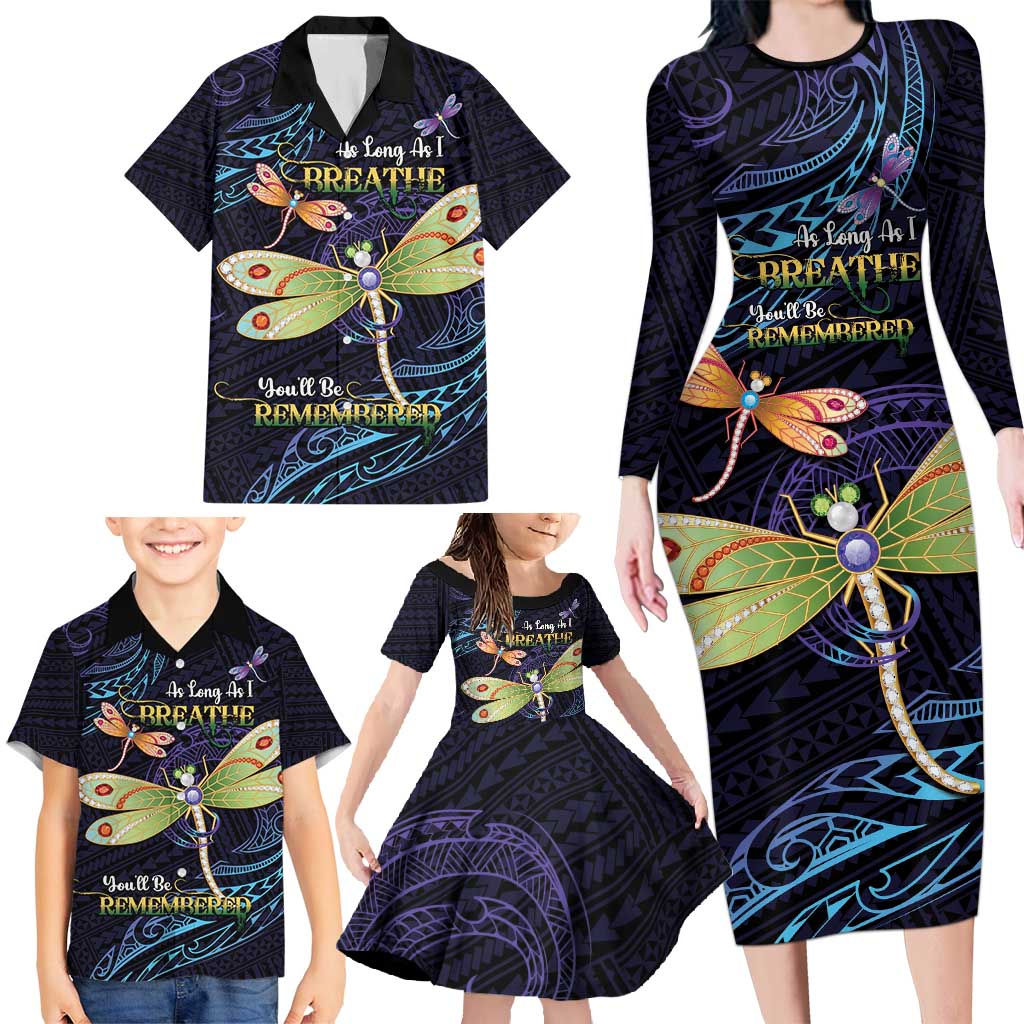 As Long As I Breathe You'll Be Remembered Family Matching Long Sleeve Bodycon Dress and Hawaiian Shirt Dragonflies Memorial - Polynesian Pattern