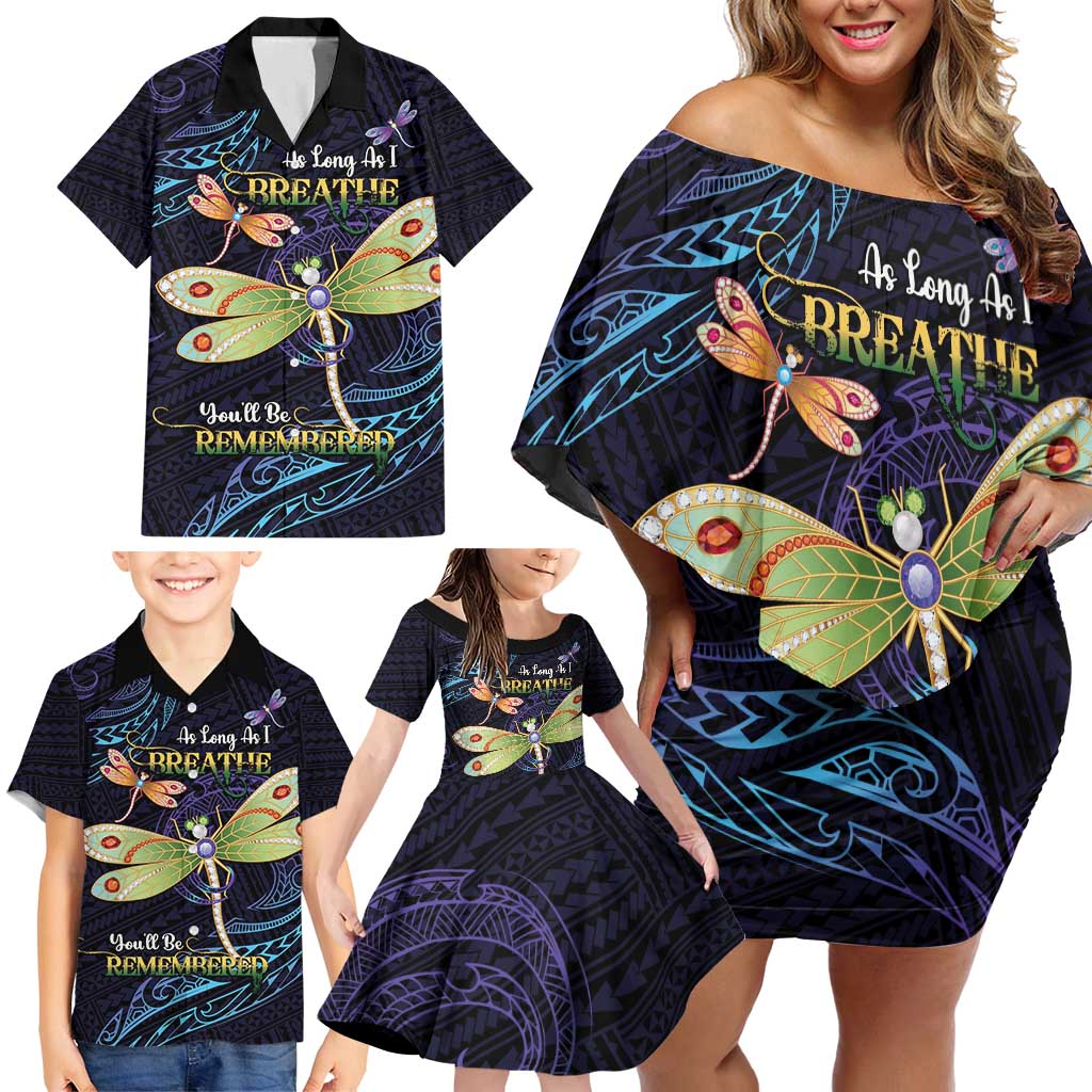 As Long As I Breathe You'll Be Remembered Family Matching Off Shoulder Short Dress and Hawaiian Shirt Dragonflies Memorial - Polynesian Pattern