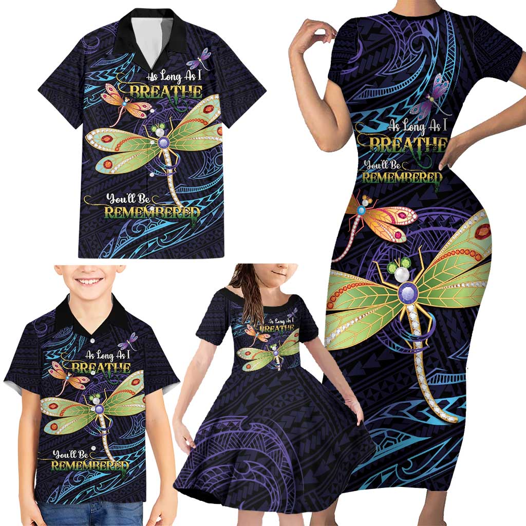 As Long As I Breathe You'll Be Remembered Family Matching Short Sleeve Bodycon Dress and Hawaiian Shirt Dragonflies Memorial - Polynesian Pattern