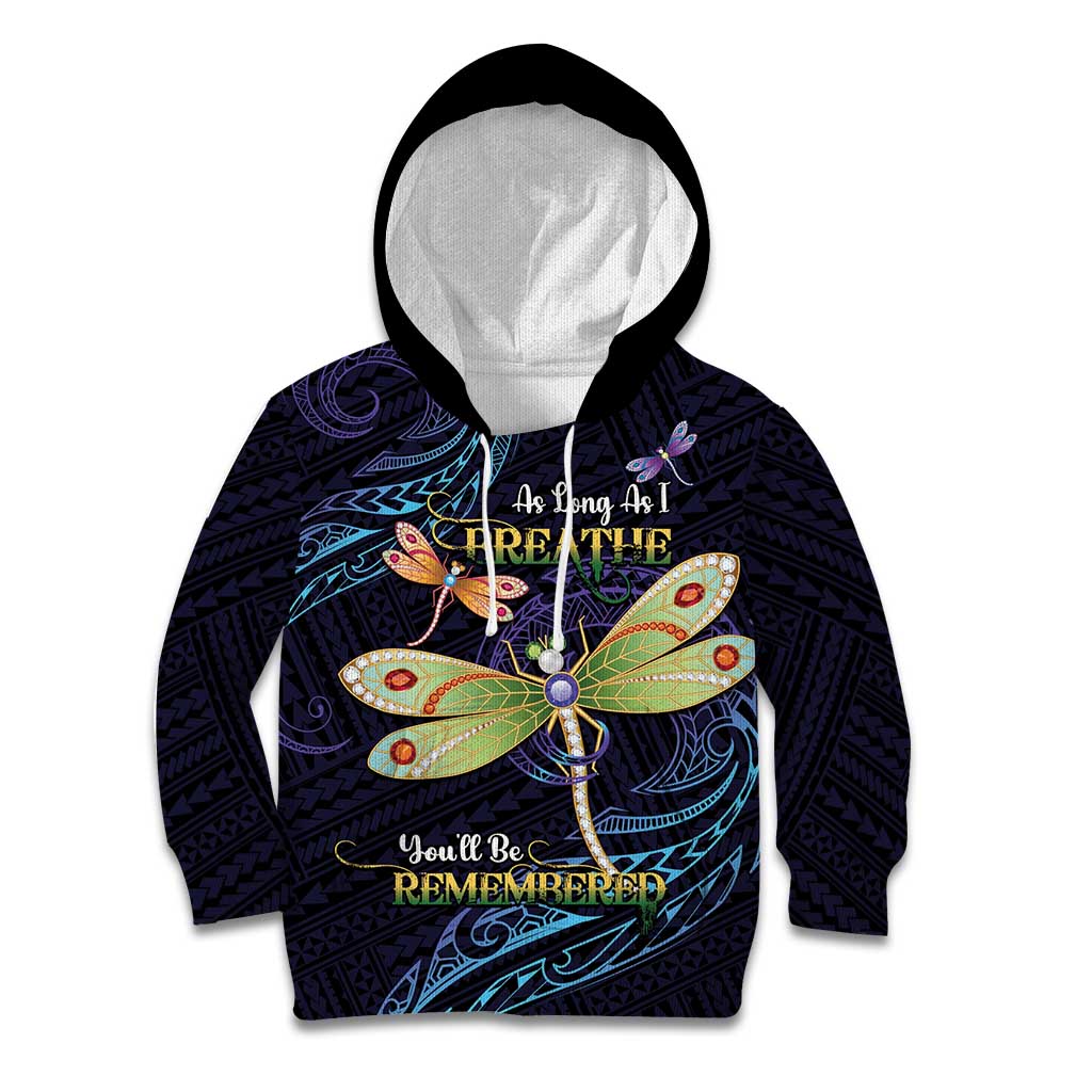 As Long As I Breathe You'll Be Remembered Kid Hoodie Dragonflies Memorial - Polynesian Pattern