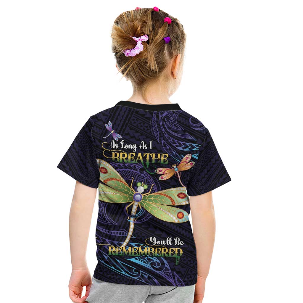 As Long As I Breathe You'll Be Remembered Kid T Shirt Dragonflies Memorial - Polynesian Pattern