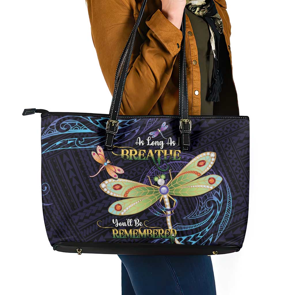 As Long As I Breathe You'll Be Remembered Leather Tote Bag Dragonflies Memorial - Polynesian Pattern LT14 - Polynesian Pride