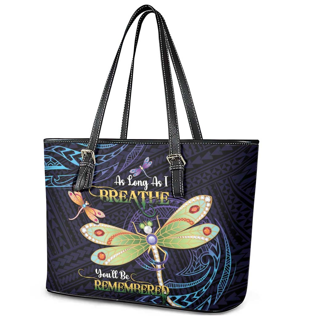 As Long As I Breathe You'll Be Remembered Leather Tote Bag Dragonflies Memorial - Polynesian Pattern LT14 - Polynesian Pride