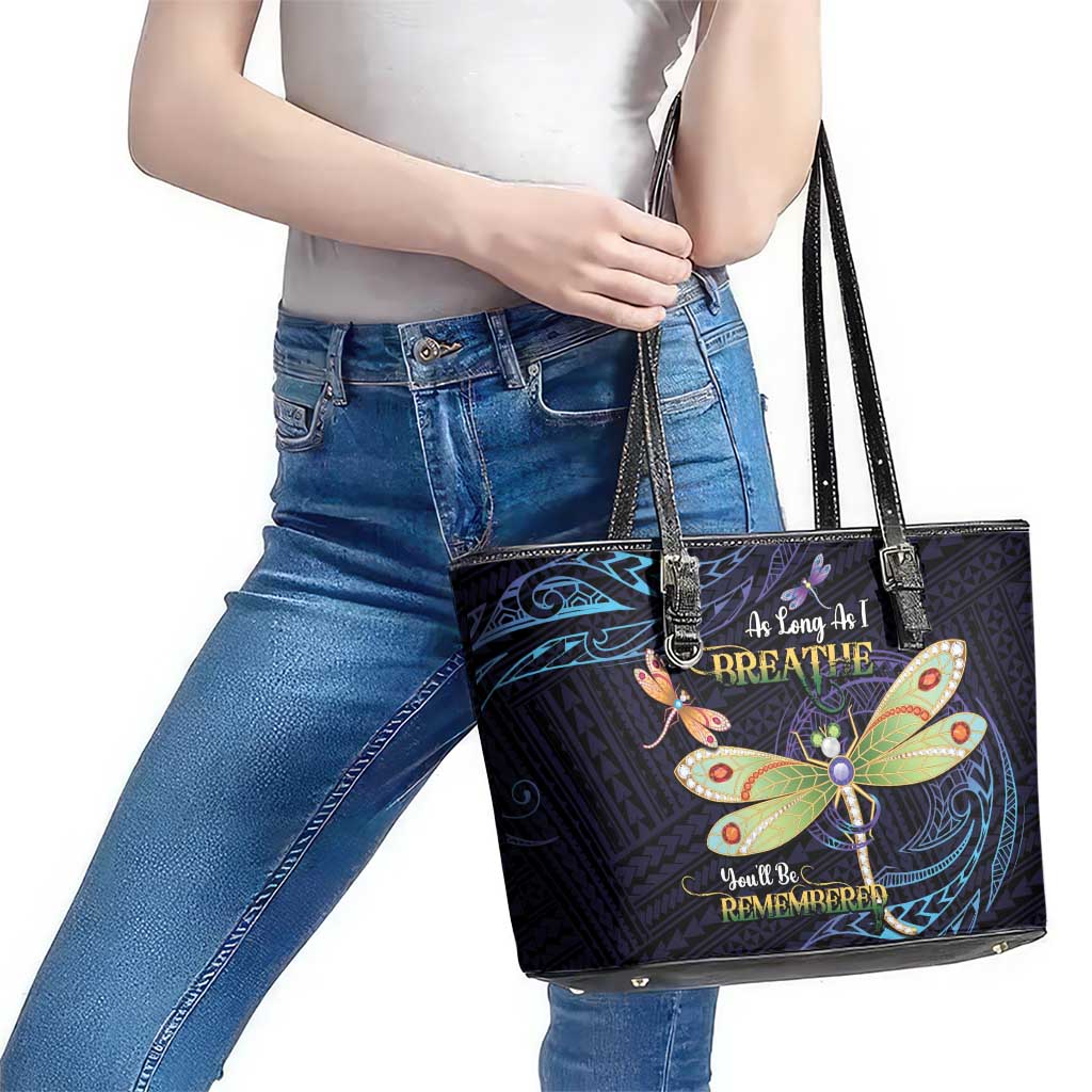 As Long As I Breathe You'll Be Remembered Leather Tote Bag Dragonflies Memorial - Polynesian Pattern LT14 - Polynesian Pride