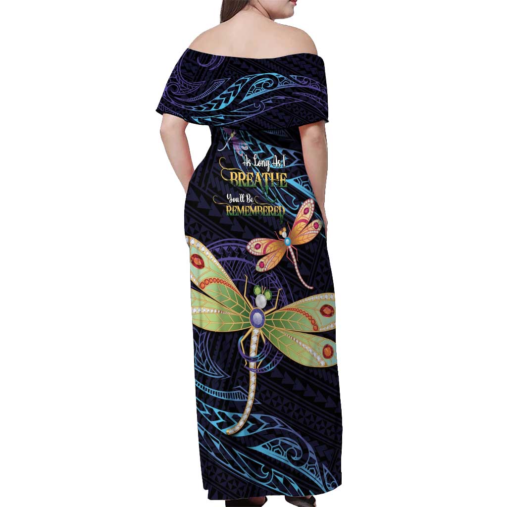 As Long As I Breathe You'll Be Remembered Off Shoulder Maxi Dress Dragonflies Memorial - Polynesian Pattern