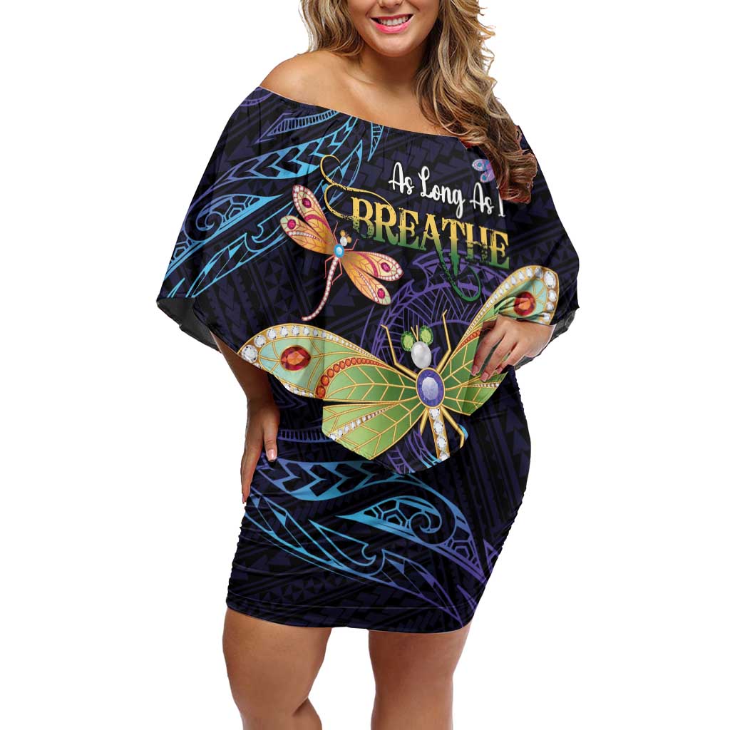 As Long As I Breathe You'll Be Remembered Off Shoulder Short Dress Dragonflies Memorial - Polynesian Pattern LT14 Women Black - Polynesian Pride