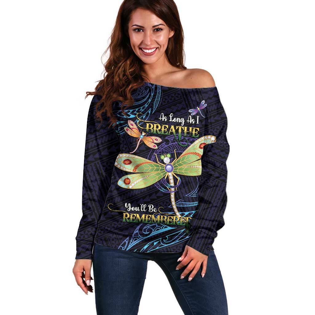 As Long As I Breathe You'll Be Remembered Off Shoulder Sweater Dragonflies Memorial - Polynesian Pattern