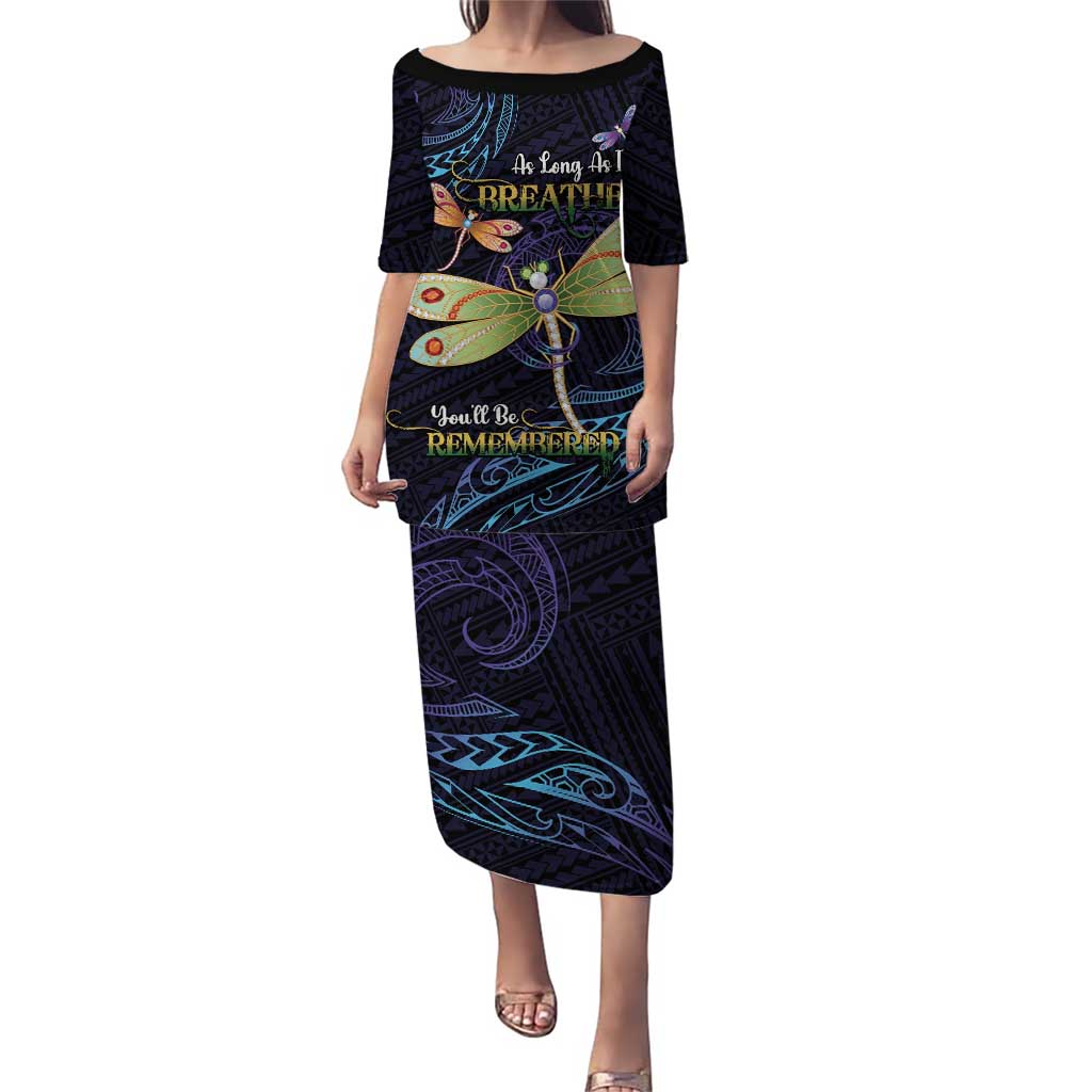 As Long As I Breathe You'll Be Remembered Puletasi Dragonflies Memorial - Polynesian Pattern LT14 Long Dress Black - Polynesian Pride