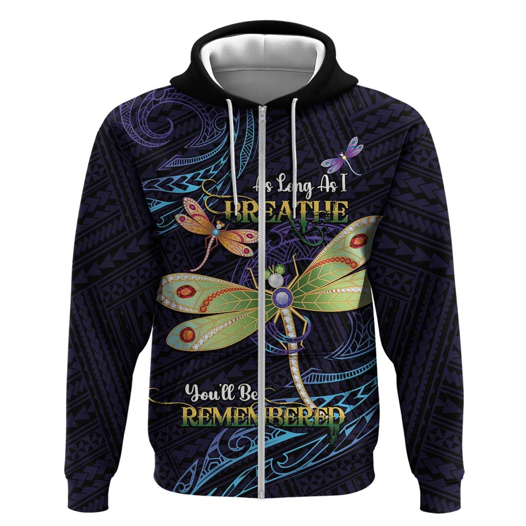 As Long As I Breathe You'll Be Remembered Zip Hoodie Dragonflies Memorial - Polynesian Pattern