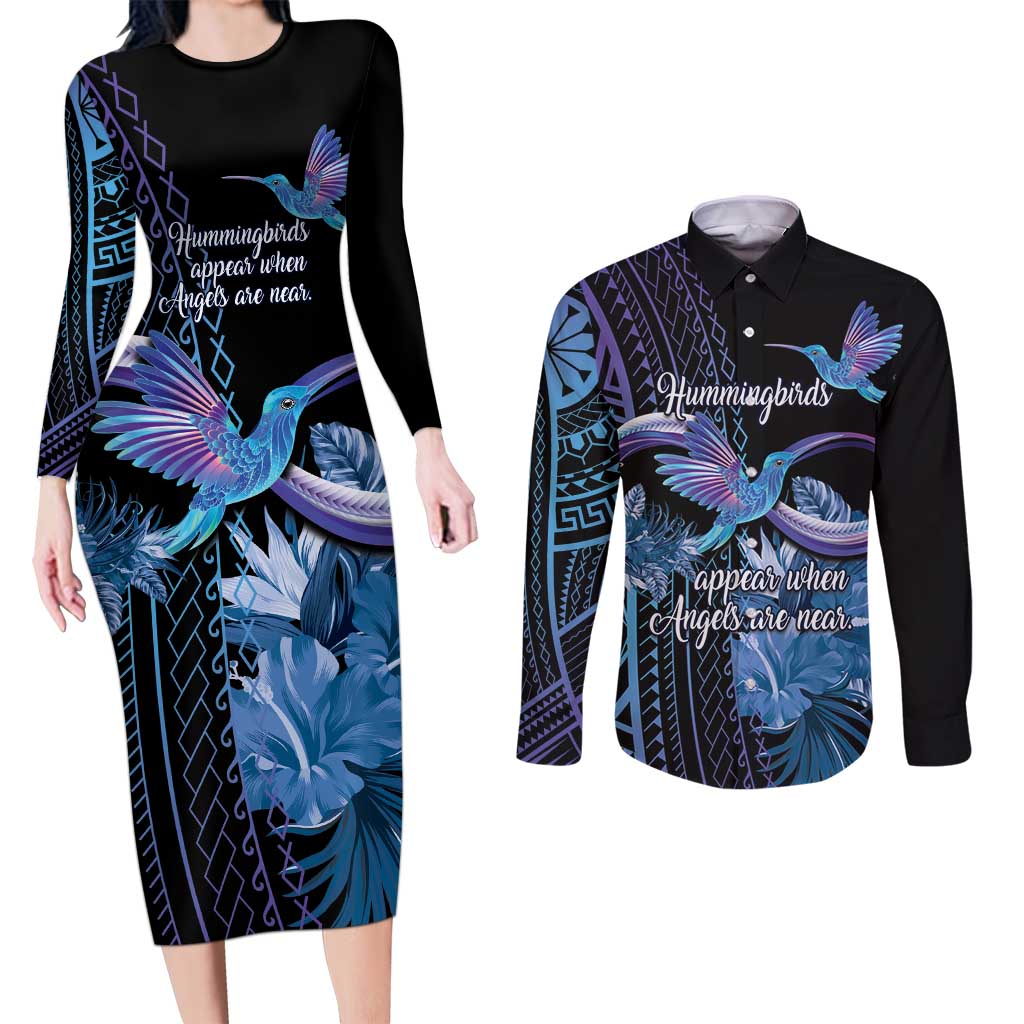 Polynesian Memorial Couples Matching Long Sleeve Bodycon Dress and Long Sleeve Button Shirt Hummingbirds Appear When Angels Are Near LT14 Black - Polynesian Pride