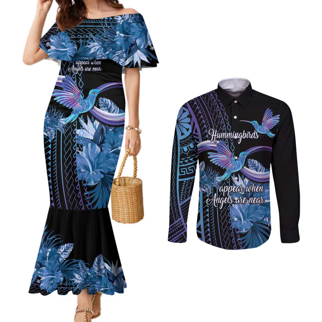 Polynesian Memorial Couples Matching Mermaid Dress and Long Sleeve Button Shirt Hummingbirds Appear When Angels Are Near LT14 Black - Polynesian Pride