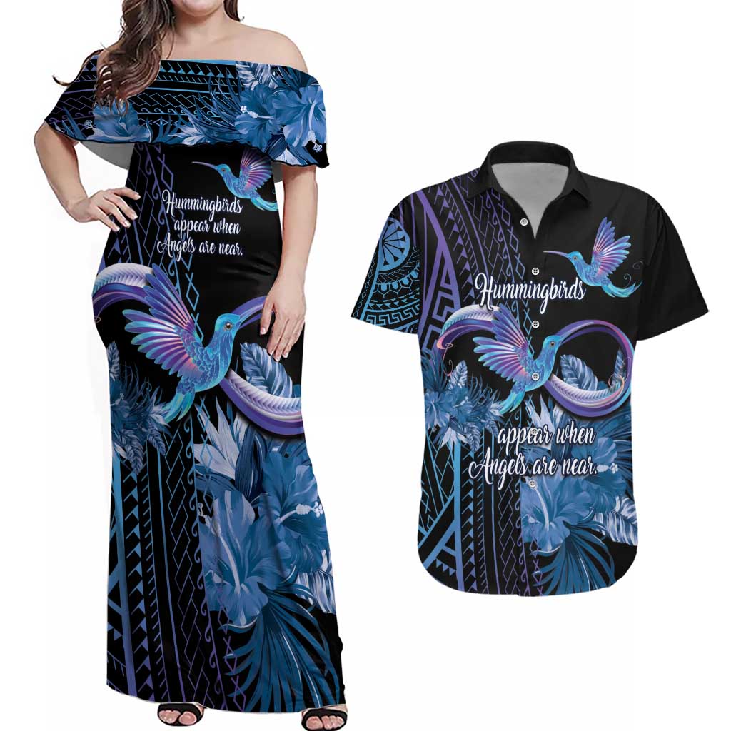 Polynesian Memorial Couples Matching Off Shoulder Maxi Dress and Hawaiian Shirt Hummingbirds Appear When Angels Are Near LT14