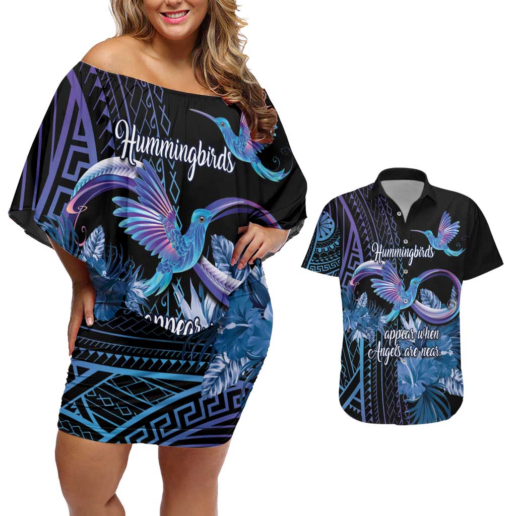 Polynesian Memorial Couples Matching Off Shoulder Short Dress and Hawaiian Shirt Hummingbirds Appear When Angels Are Near LT14 Black - Polynesian Pride