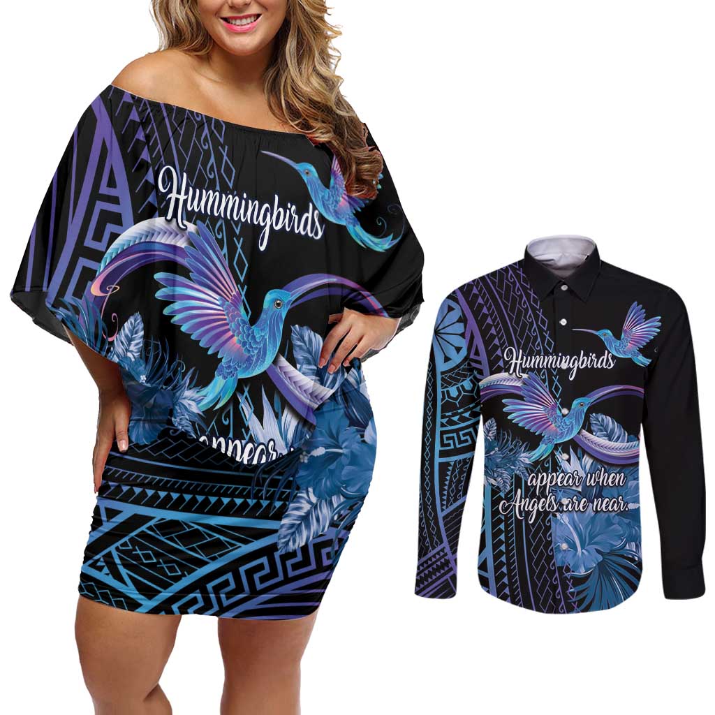 Polynesian Memorial Couples Matching Off Shoulder Short Dress and Long Sleeve Button Shirt Hummingbirds Appear When Angels Are Near LT14 Black - Polynesian Pride