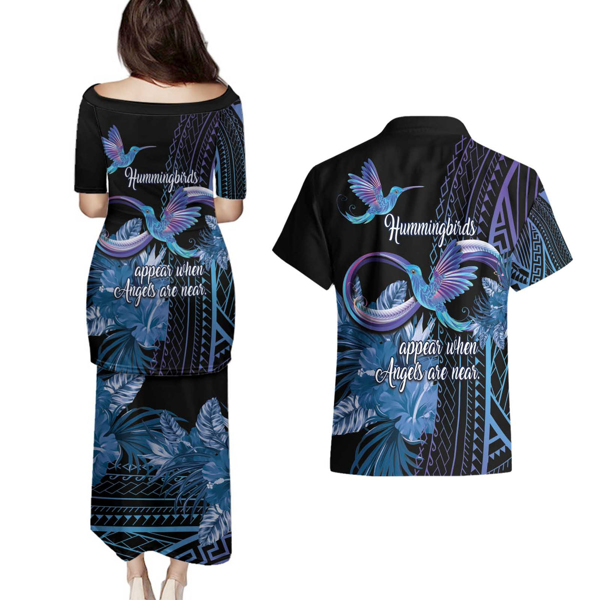 Polynesian Memorial Couples Matching Puletasi and Hawaiian Shirt Hummingbirds Appear When Angels Are Near LT14