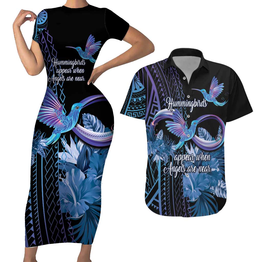 Polynesian Memorial Couples Matching Short Sleeve Bodycon Dress and Hawaiian Shirt Hummingbirds Appear When Angels Are Near LT14