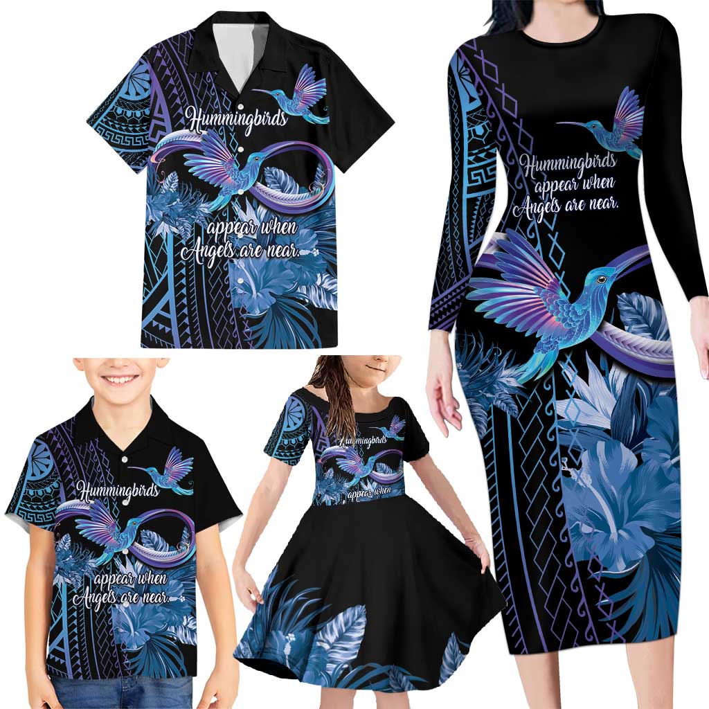 Polynesian Memorial Family Matching Long Sleeve Bodycon Dress and Hawaiian Shirt Hummingbirds Appear When Angels Are Near LT14