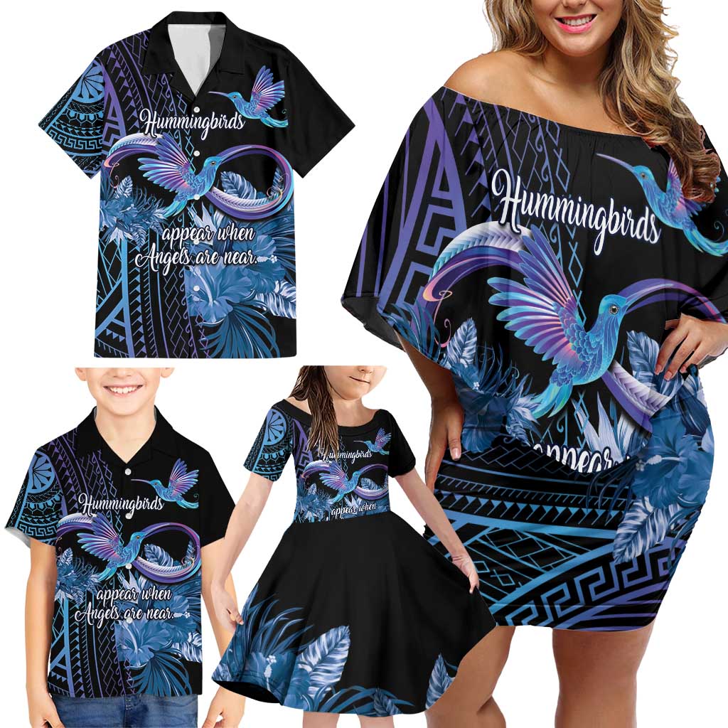 Polynesian Memorial Family Matching Off Shoulder Short Dress and Hawaiian Shirt Hummingbirds Appear When Angels Are Near LT14