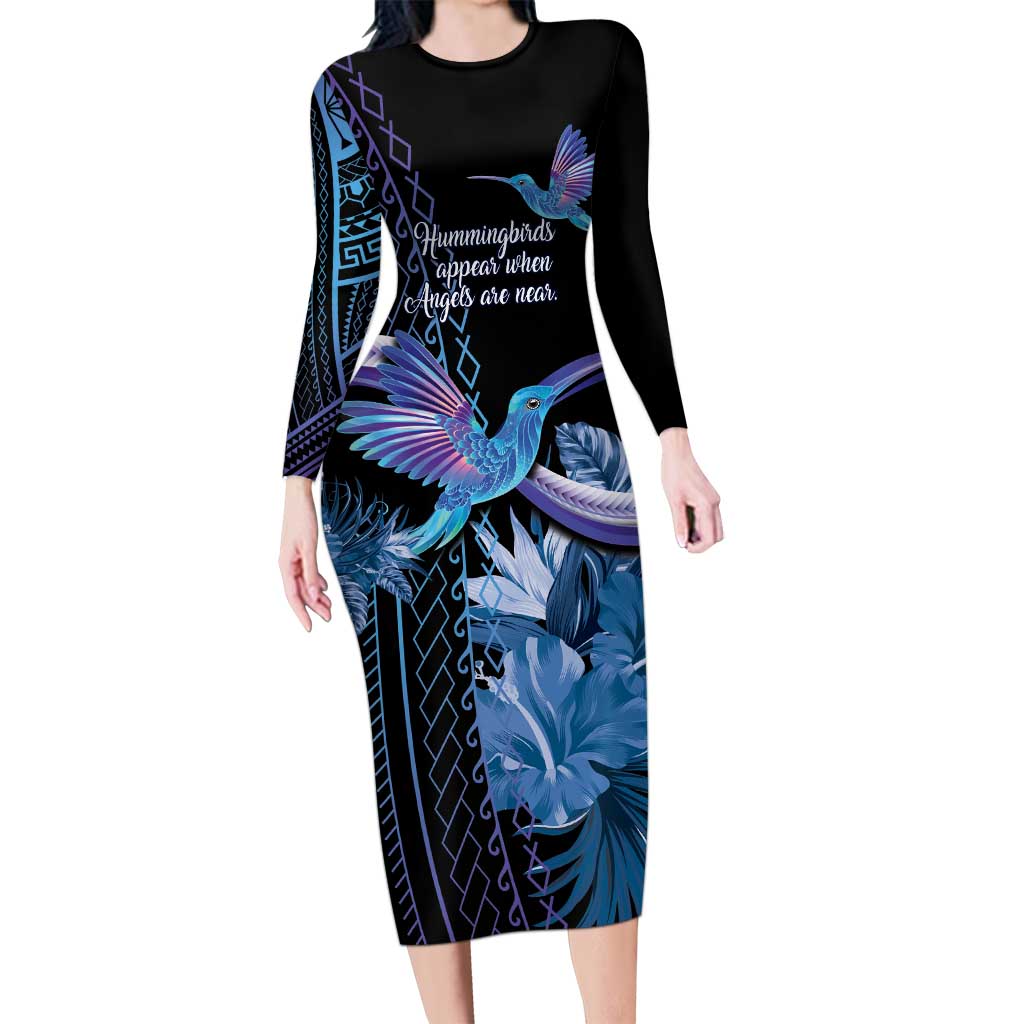 Polynesian Memorial Long Sleeve Bodycon Dress Hummingbirds Appear When Angels Are Near LT14