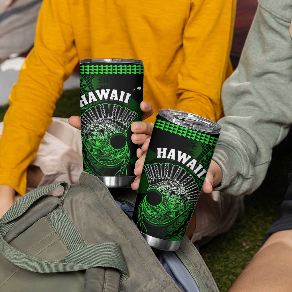Hawaii Tumbler Cup Kakau Warrior Helmet Gradient Green Polynesian