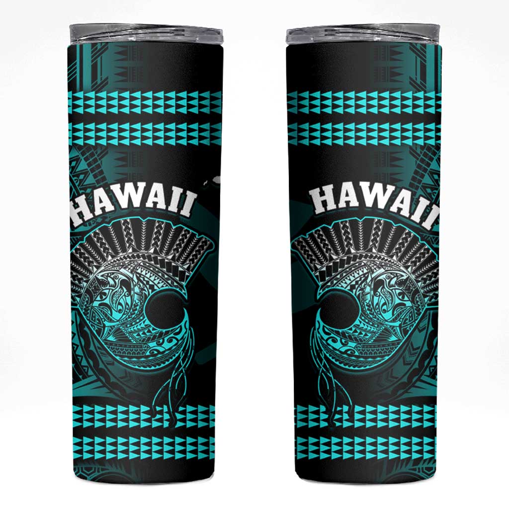 Hawaii Skinny Tumbler Kakau Warrior Helmet Gradient Turquoise Polynesian